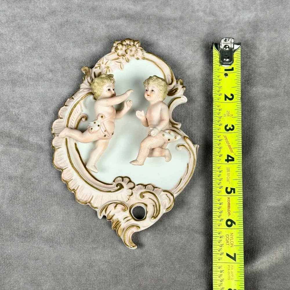 Vintage Lefton Porcelain Cherub Wall Decor Pink Gold Ornate Plaque Hand Painted